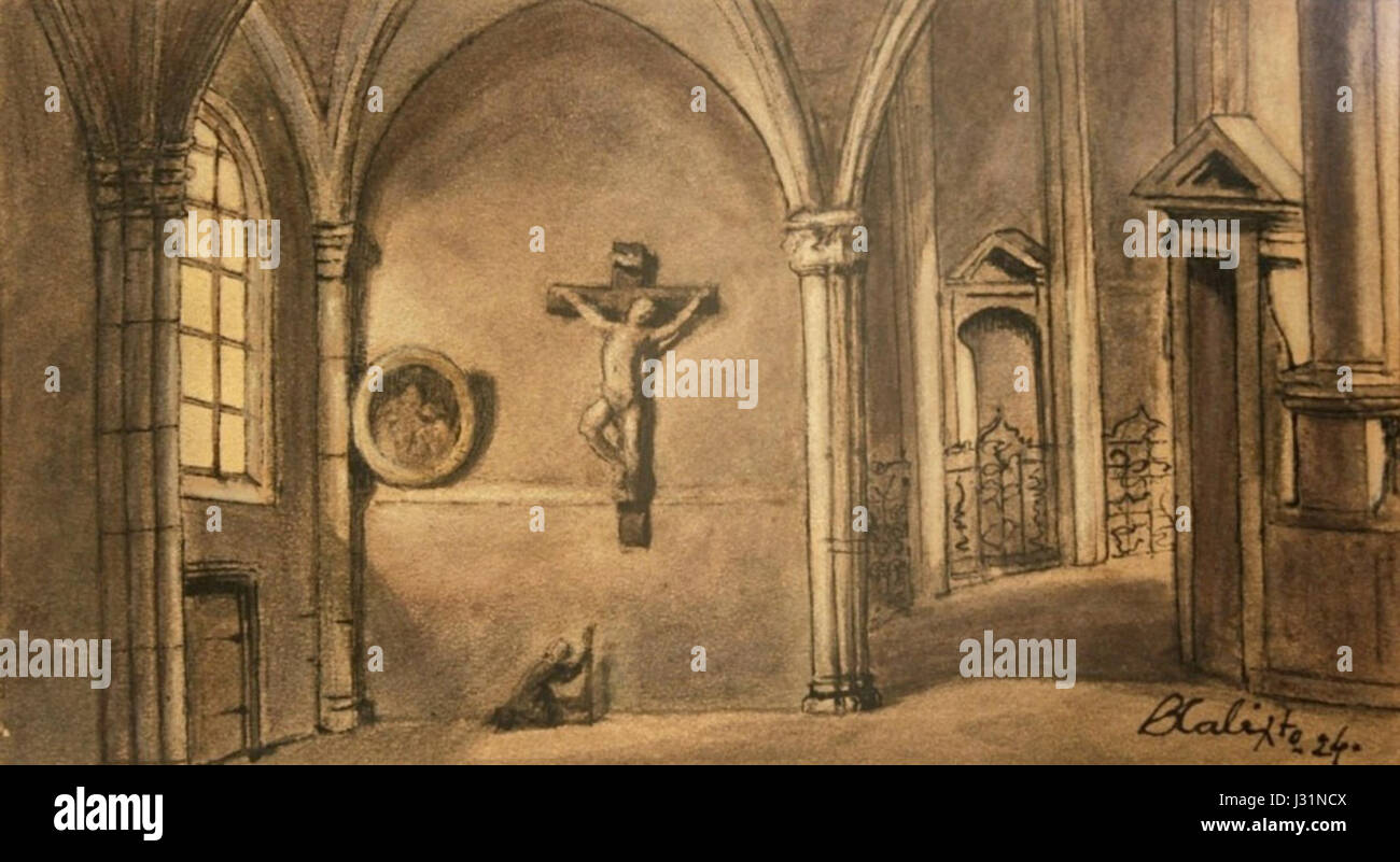 *Interior de igreja* ist eine Studie von Benedito Calixto aus dem Jahr 1924, in der er seine Fähigkeiten bei der Darstellung des Innenraums einer Kirche demonstriert. Das Werk spiegelt seine Beherrschung des Lichts, des architektonischen Raumes und der religiösen Themen wider, die typisch für seinen Malstil sind. Stockfoto