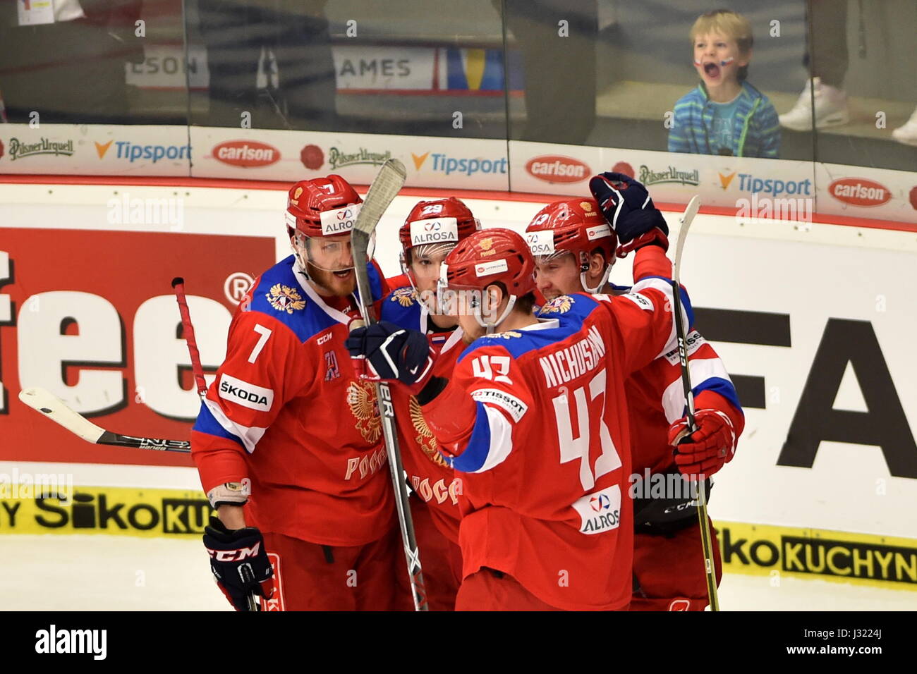 Ceske Budejovice, Tschechische Republik. 30. April 2017. Russische Spieler von links: Ivan Telegin, Ivan Provorov, Roman Lyubimov und Valeri Nichushkin in der Tschechischen Republik Vs Russland entsprechen der Tschechischen Ice Hockeyspiele, Teil der Euro Hockey Tour in Ceske Budejovice, Tschechische Republik, 30. April 2017. Bildnachweis: Vaclav Pancer/CTK Foto/Alamy Live-Nachrichten Stockfoto