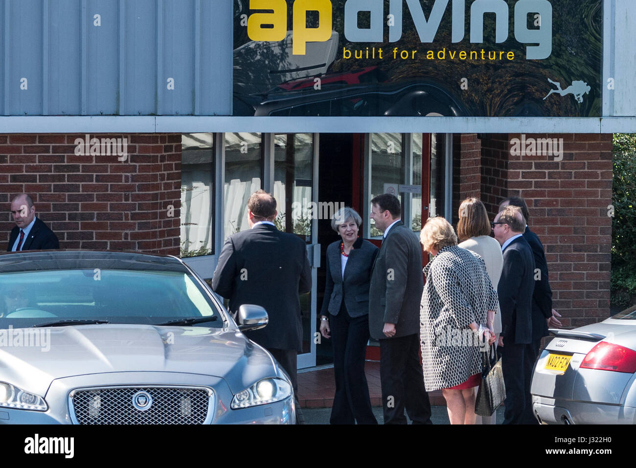 Der Ministerpräsident hat in Helston heute Morgen in einer der am meisten streng kontrollierte Security Operations Theresa Maria Stockfoto