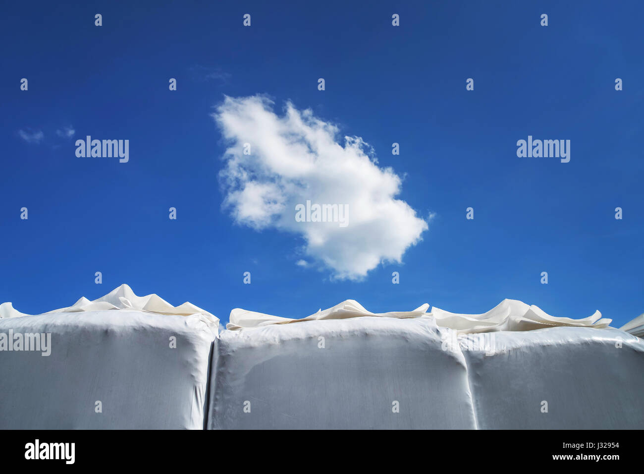 Kunstfotografie: Nahaufnahme von weißen Kunststoffbehälter gegen blauen Himmel mit einer weißen Wolke, Deutschland Stockfoto