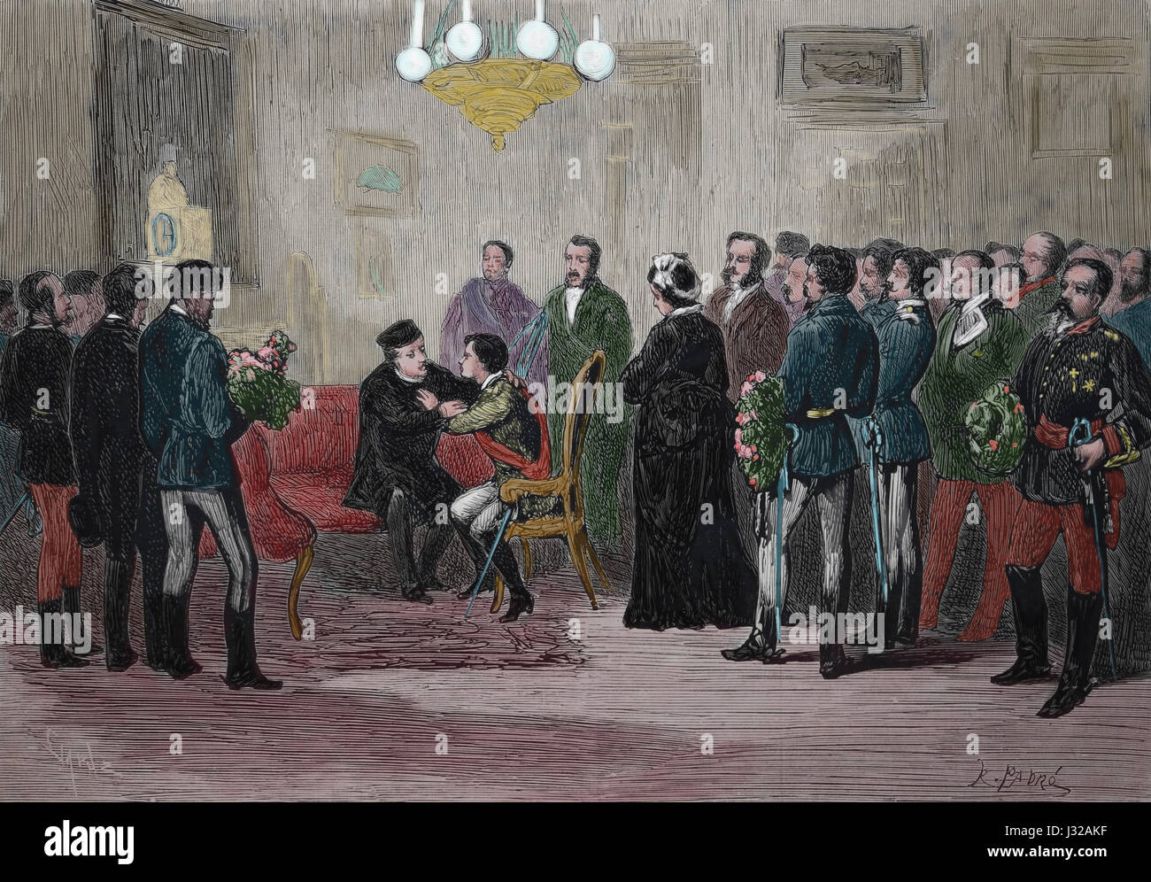 Ein Gespräch zwischen dem König Alfonso XII und General Baldomero Espartero, Logrono, Spanien. 1875. Spanisch und Amerika Illustration. Gravur. Stockfoto