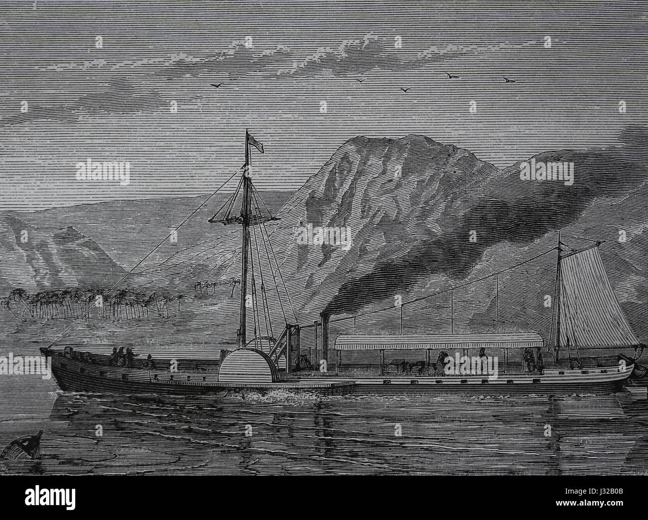 1. Dampfschiff von amerikanischen Ingenieur Robert Fulton (1765-1815). Gravur, 1883.Engraving. Nuestro Siglo, 1883. Spanische Ausgabe. Stockfoto