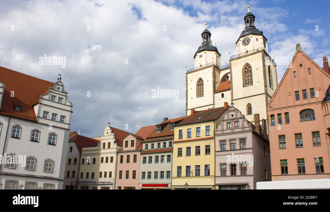 Renaissance-Häuser auf dem Marktplatz in Wittenberg Stockfoto