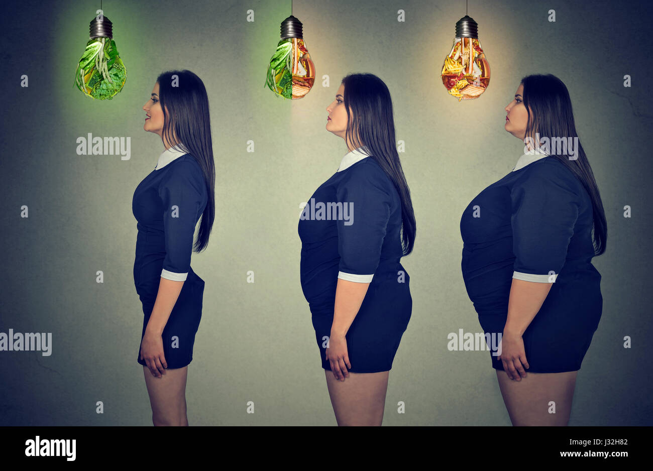 die Körper der Frau vor und nach der Gewichtsabnahme auf grauem Hintergrund. Gesundheit und Diät-Konzept. Stockfoto