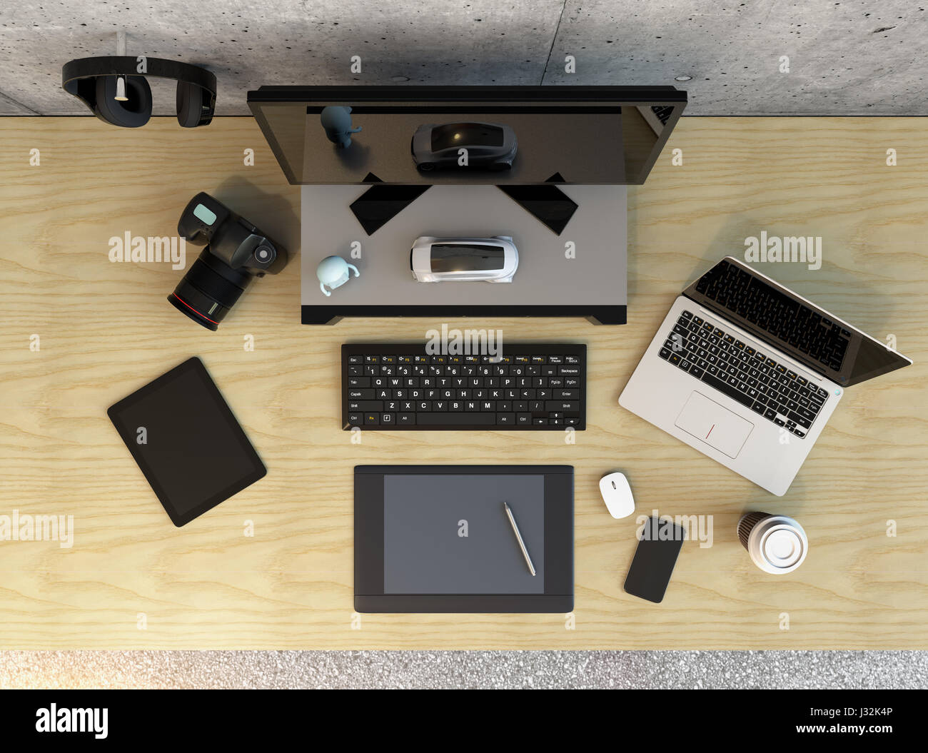 Draufsicht der Grafik Designer Schreibtisch mit Laptop, digitale Grafik Tablet, DSLR-Kamera, drahtlose Kopfhörer und Tastatur. 3D-Rendering Bild. Stockfoto
