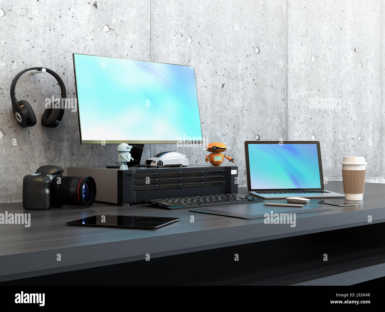 Desktop mit Breitbild-Monitor, Workstation, Laptop-PC. 3D-Rendering Bild. Stockfoto