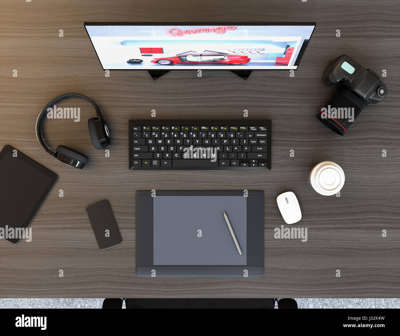 Draufsicht der Grafik Designer Schreibtisch mit Laptop, digitale Grafik Tablet, DSLR-Kamera, drahtlose Kopfhörer und Tastatur. 3D-Rendering Bild. Stockfoto