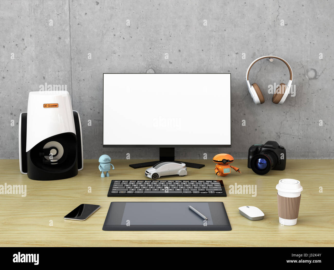 Produkt Designer Desktop mit 3D Scanner, digitale Grafik Tablet, DSLR-Kamera und Lünette-weniger Monitor mit leeren Bildschirm. 3D-Rendering Bild. Stockfoto