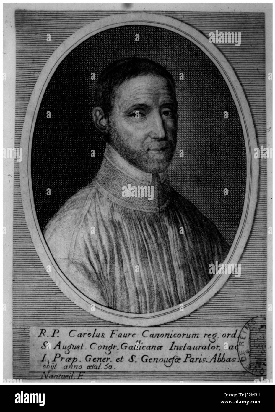 Charles Faure von Nanteuil ist ein berühmter Kupferstich des französischen Künstlers Nanteuil, der das Porträt von Charles Faure darstellt. Nanteuilâ Werk ist bekannt für seinen detaillierten Gravurstil und seinen Fokus auf die Aufnahme der Ähnlichkeit von bemerkenswerten Figuren. Stockfoto