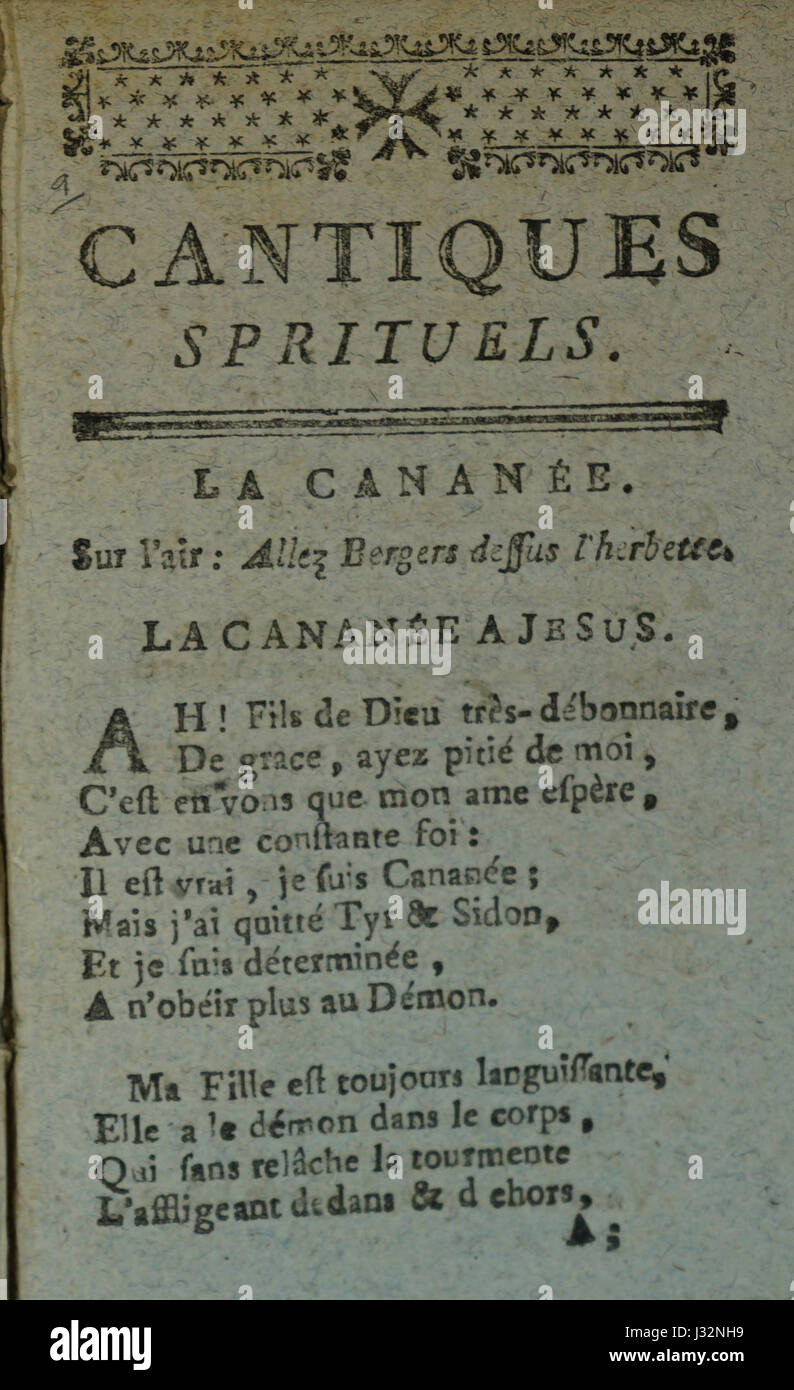 Cantiques Spirituels, oder spirituelle Canticles, ist eine Sammlung religiöser Lieder, die Hingabe und Glauben betonen. Diese Stücke spiegeln die spirituellen und musikalischen Traditionen dieser Zeit wider. Stockfoto