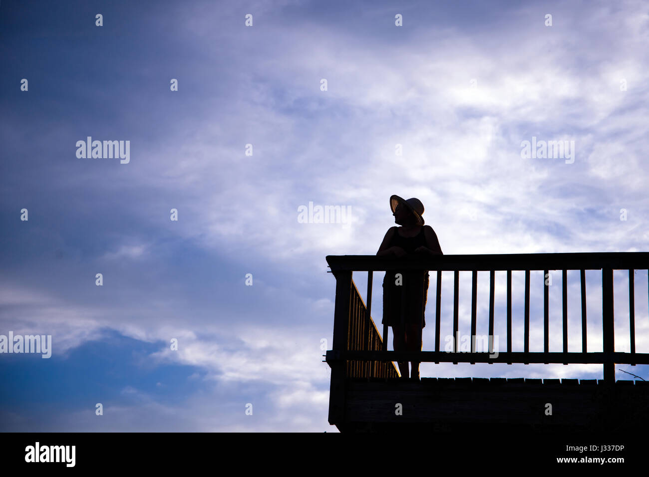 Silhouette einer Frau in einen Hut mit einer schönen Abbildung gegen das Balkon Geländer lehnte und weg schauen vor dem Hintergrund der stürmischen bewölkten Himmel Stockfoto