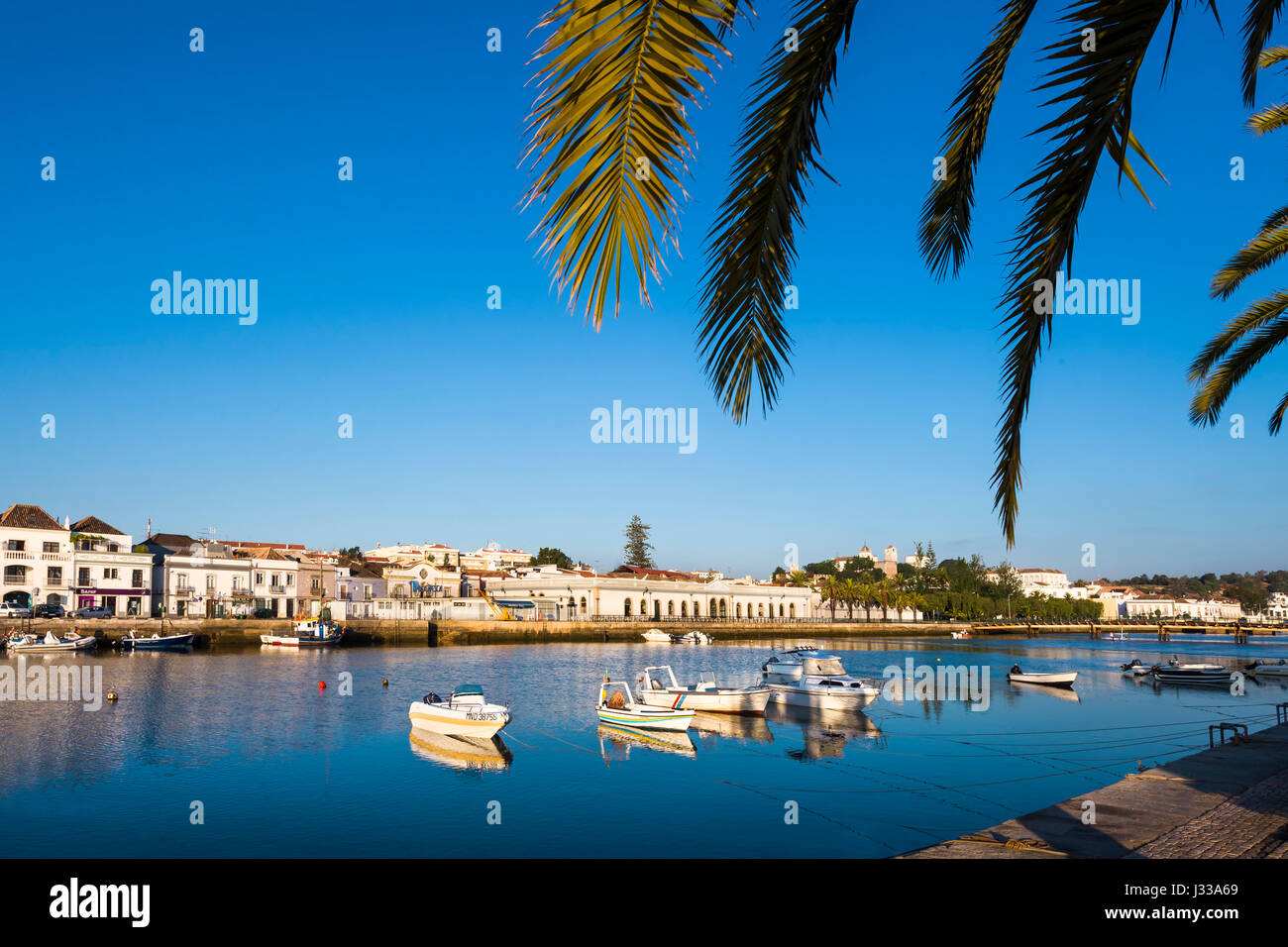 Blick über Rio Gilao gegenüber der alten Markthalle (Mercado da Ribeira), Tavira, Algarve, Portugal Stockfoto