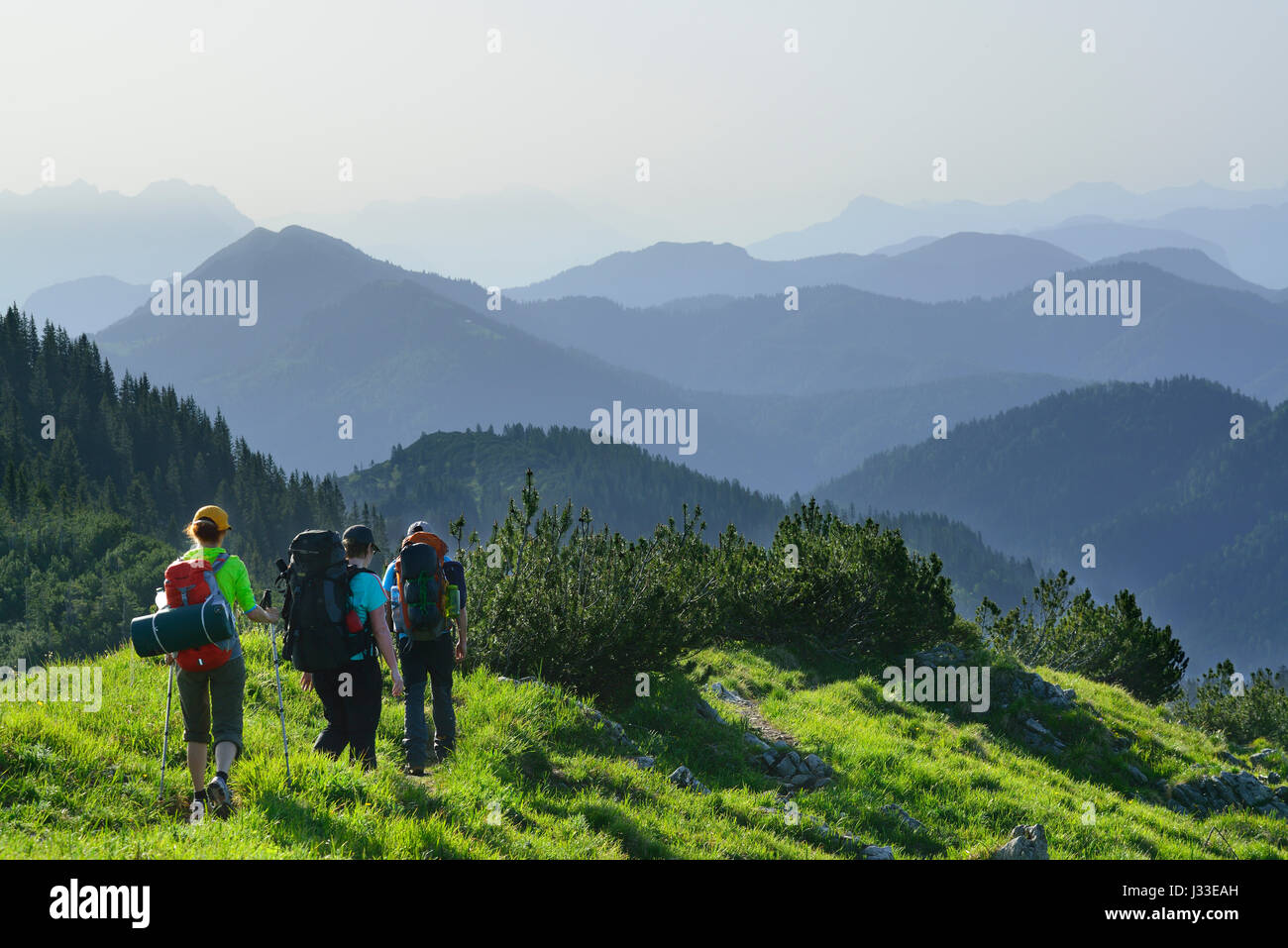 Drei Wanderer, Blauberge, Bayerische Voralpen, Upper Bavaria, Bavaria, Germany Stockfoto