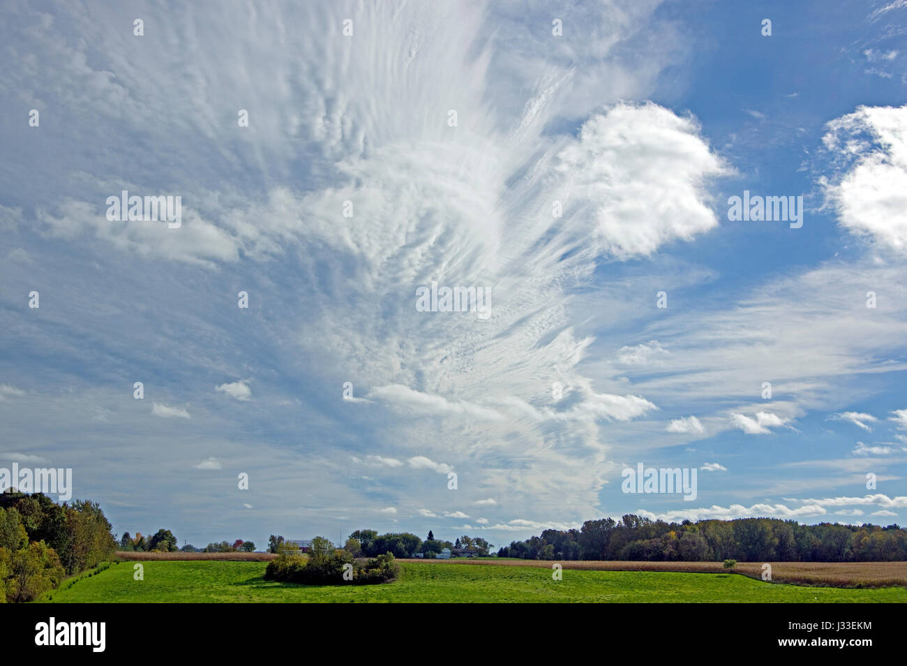 Tails und Makrele windgepeitschten Stute Skalen Cirrus und Altocumulus Wolken über Wisconsin Ackerland Stockfoto