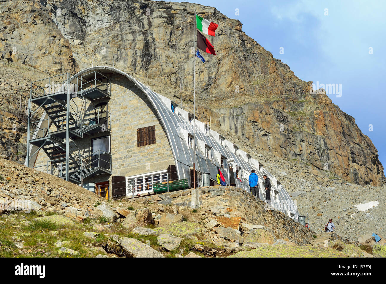 Graian Alpen, Gran Paradiso Nationalpark, Gran Paradiso, Hütte Rifugio Vittorio Emanuele II reichen, Aostatal, Aosta, Italien Stockfoto