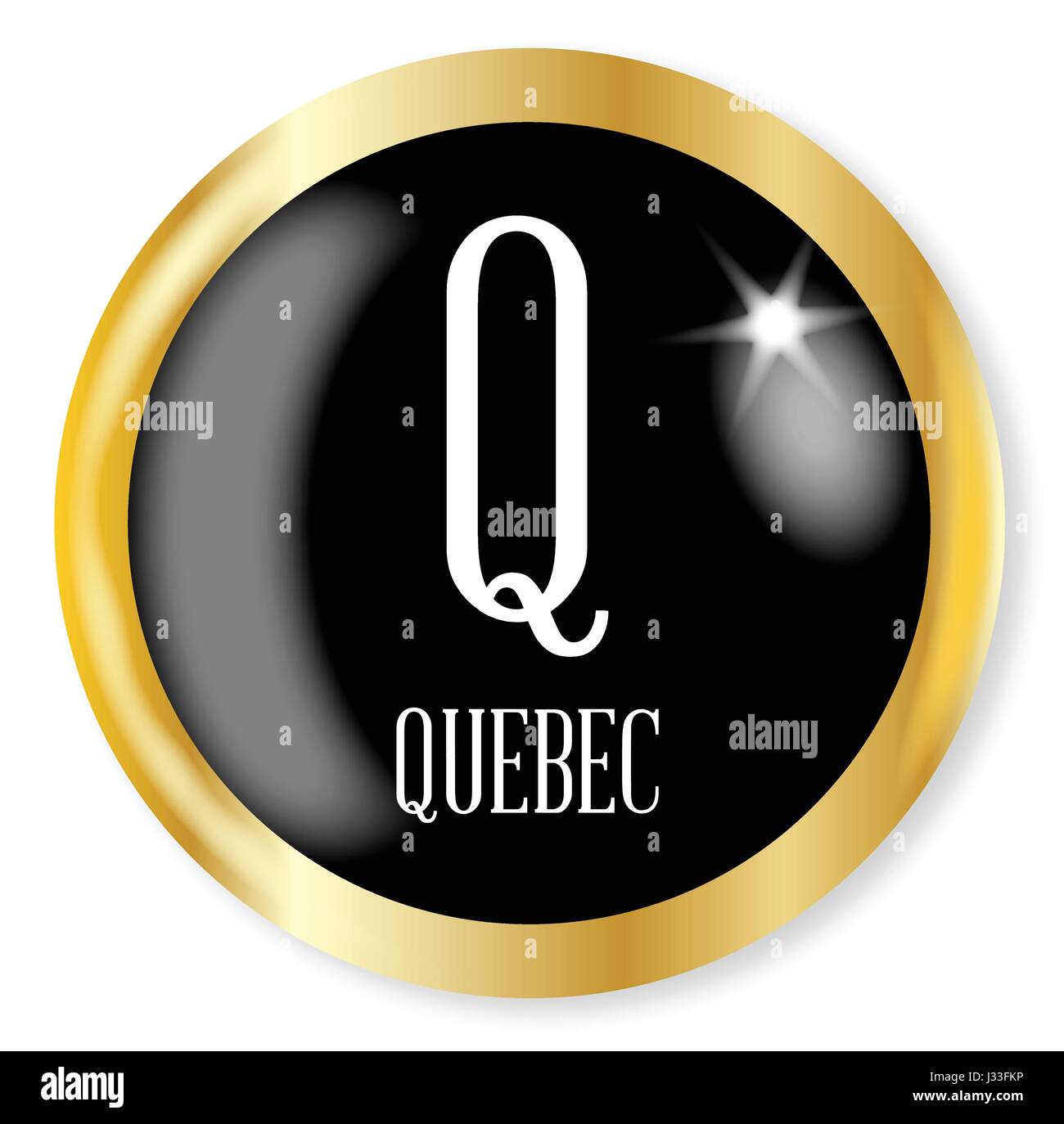 Q für Quebec Schaltfläche aus der NATO Lautalphabet mit gold Metall kreisförmigen Rand auf weißem Hintergrund Stock Vektor