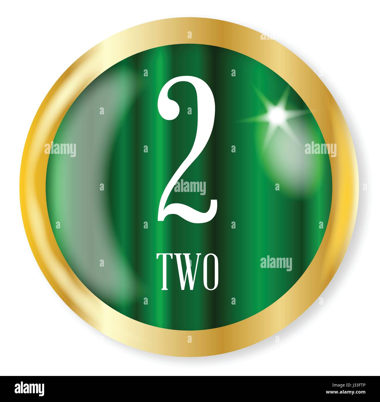 2 für zwei Knöpfe von der NATO Lautalphabet/Nummer mit einem gold Metall kreisförmigen Rand auf weißem Hintergrund Stock Vektor