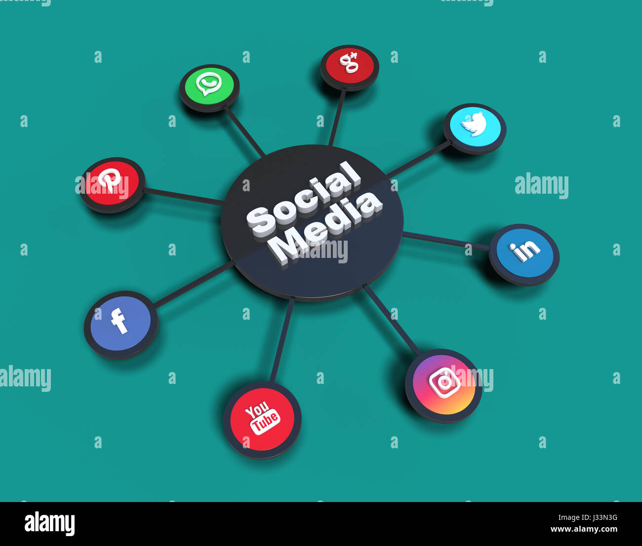 Social Media-Symbole in Hires 3D Kreisformen. Stockfoto