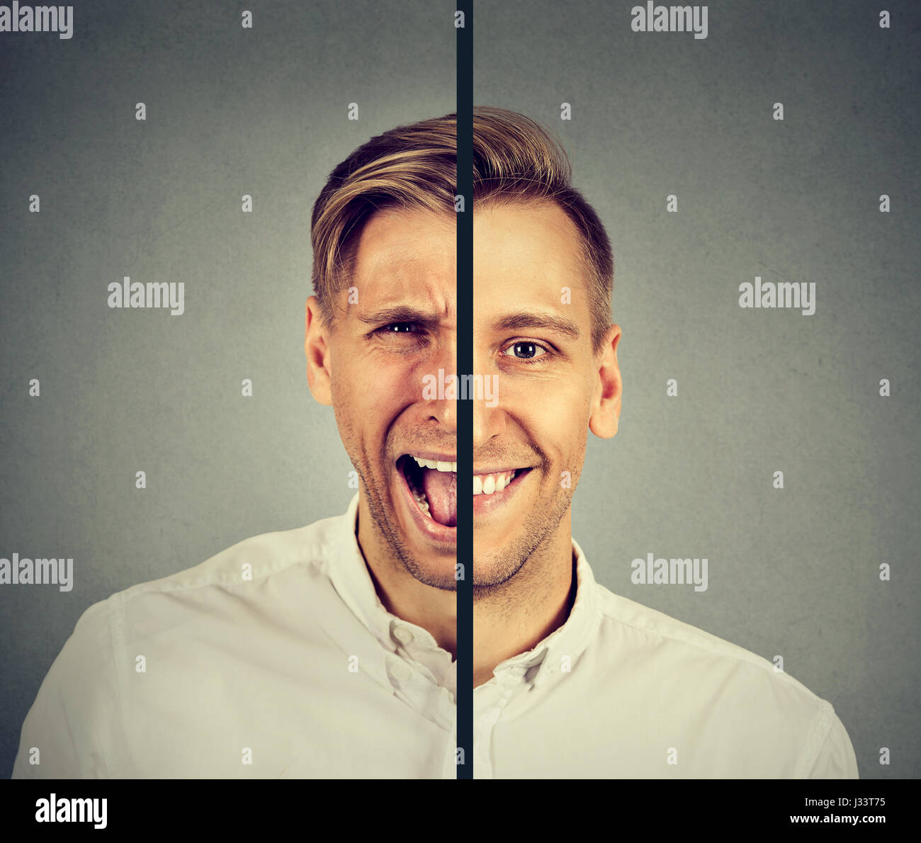 Bipolare Störung-Konzept. Junger Mann mit doppelten Gesichtsausdruck auf grauem Hintergrund isoliert Stockfoto