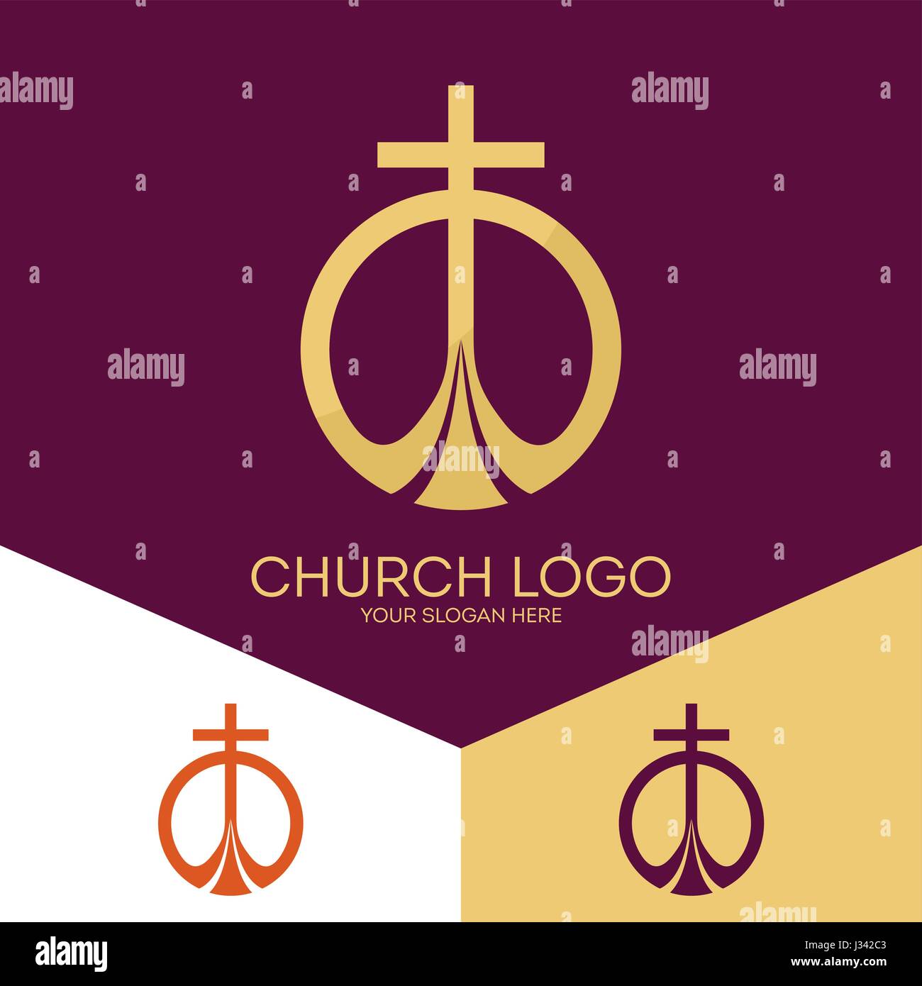 Logo der Kirche. Christliche Symbole. Das Kreuz Jesu Christi, die Anbetung Gottes allein. Stock Vektor