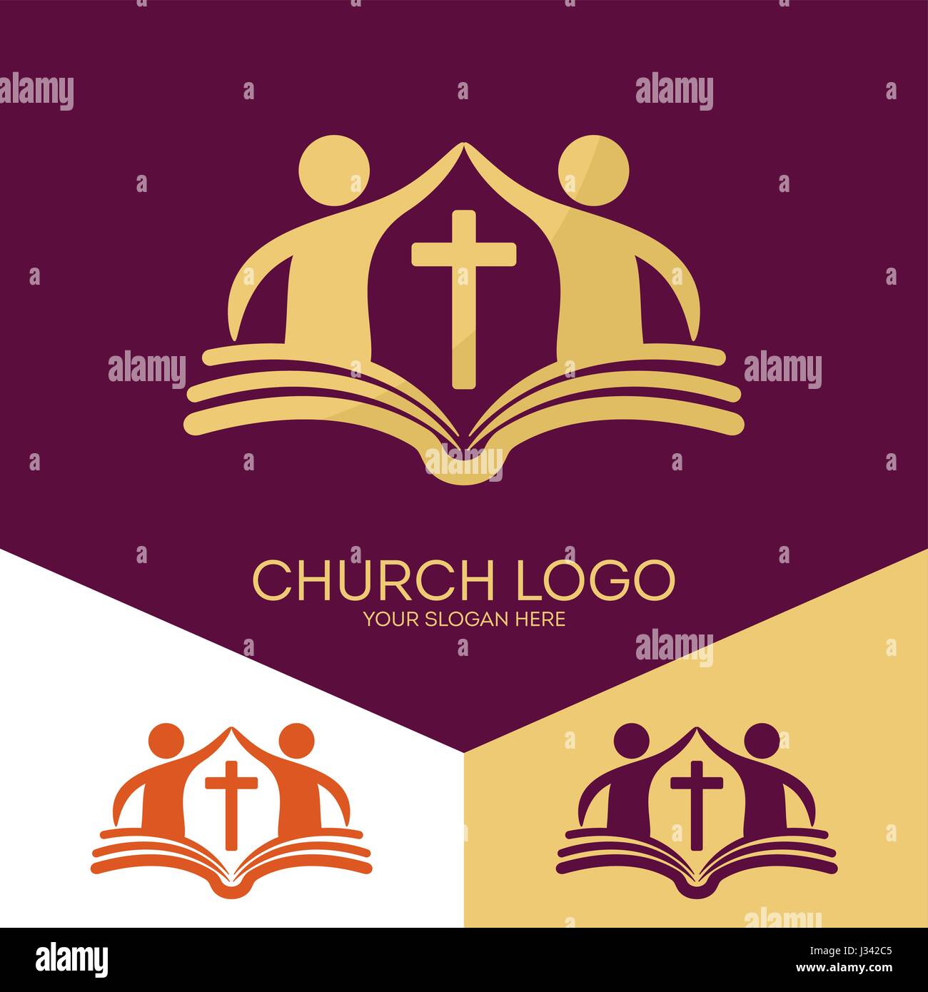 Logo der Kirche. Christliche Symbole. Die Kirche stützt sich auf die biblische Grundlage und die Liebe des Herrn Jesus Christus Stock Vektor