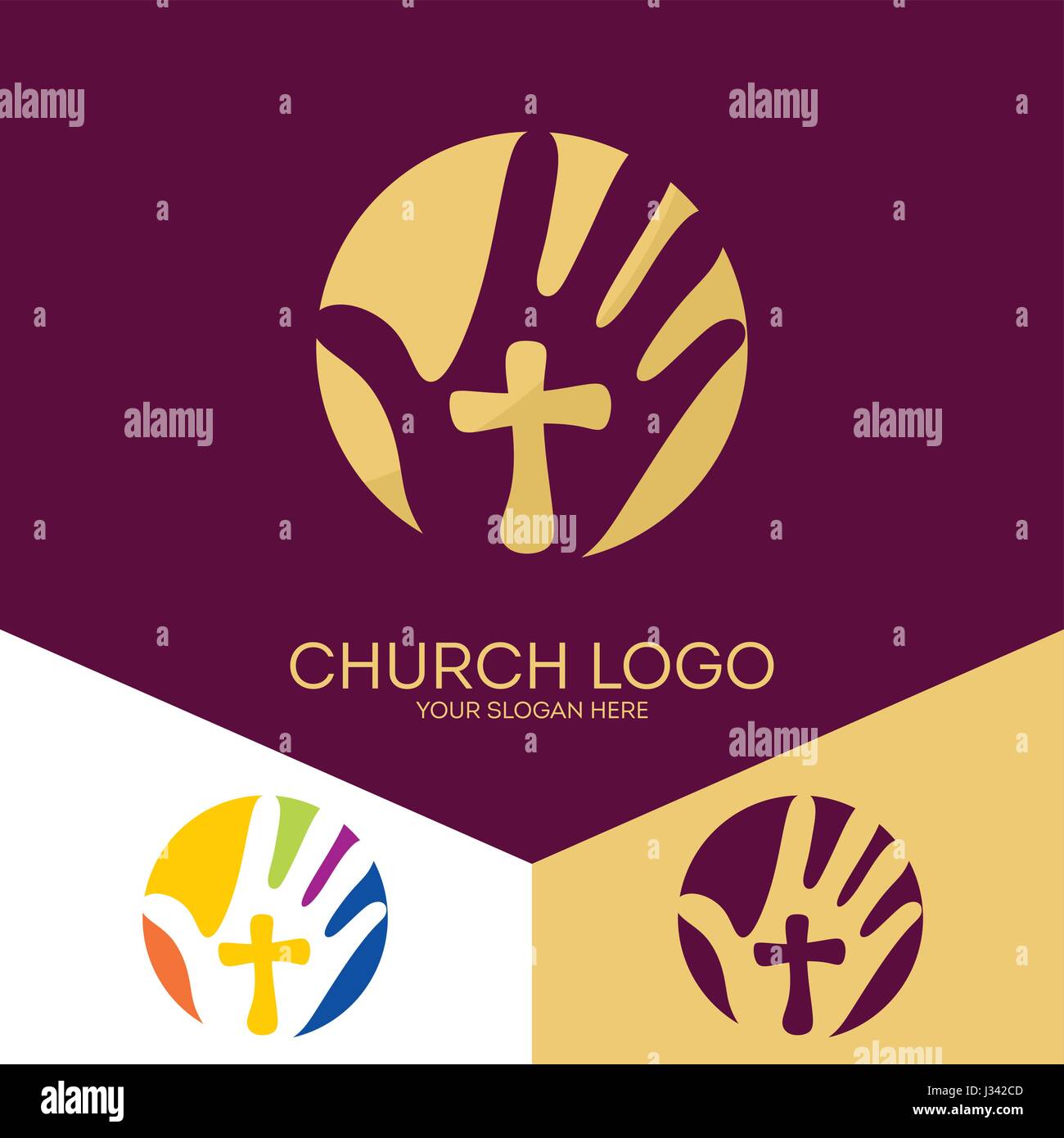 Logo der Kirche. Christliche Symbole. Die Hand des Herrn, eine Erinnerung an das heilige Opfer Jesu Christi. Stock Vektor