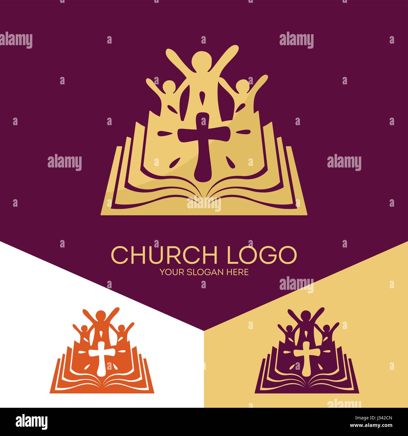 Logo der Kirche. Christliche Symbole. Kirche von Gott, dem Herrn Jesus Christus treu. Bibel - das Fundament des Glaubens. Stock Vektor