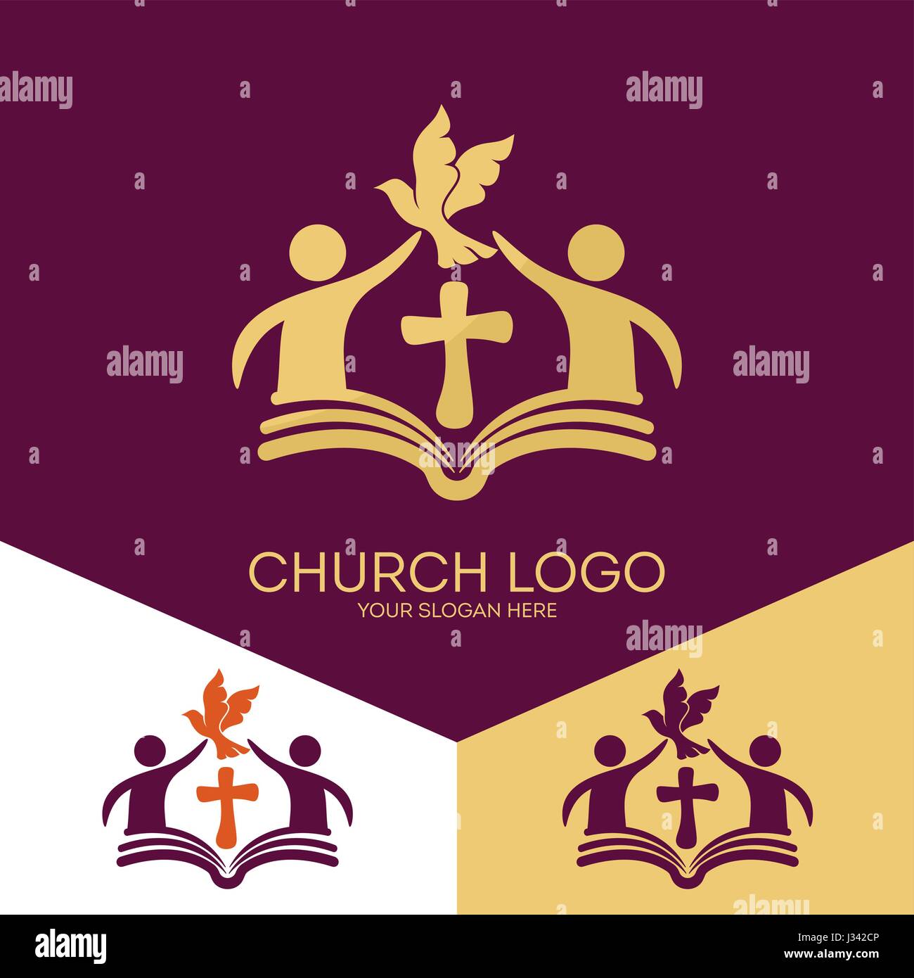 Logo der Kirche. Christliche Symbole. Kirche von Gott, dem Herrn Jesus Christus treu. Bibel - das Fundament des Glaubens. Stock Vektor