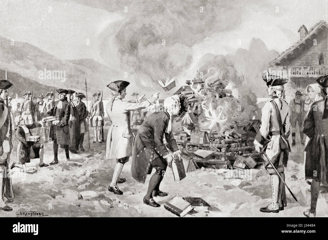 Rousseaus Contrat Social verbrannt öffentlich in Genf im Jahre 1763. Jean-Jacques Rousseau, 1712-1778.  Frankophone Genfer Philosoph, Schriftsteller und Komponist.  Hutchinson Geschichte der Nationen veröffentlichte 1915. Stockfoto