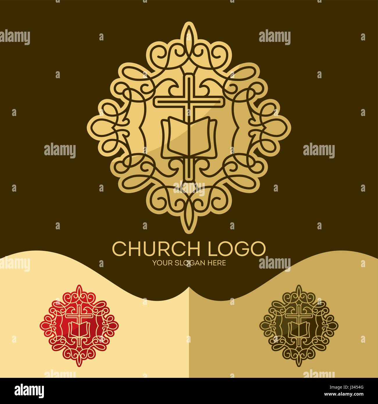Logo der Kirche. Christliche Symbole. Das Kreuz von Jesus, die Bibel - Gottes heiliges Wort, eleganten Mustern. Stock Vektor