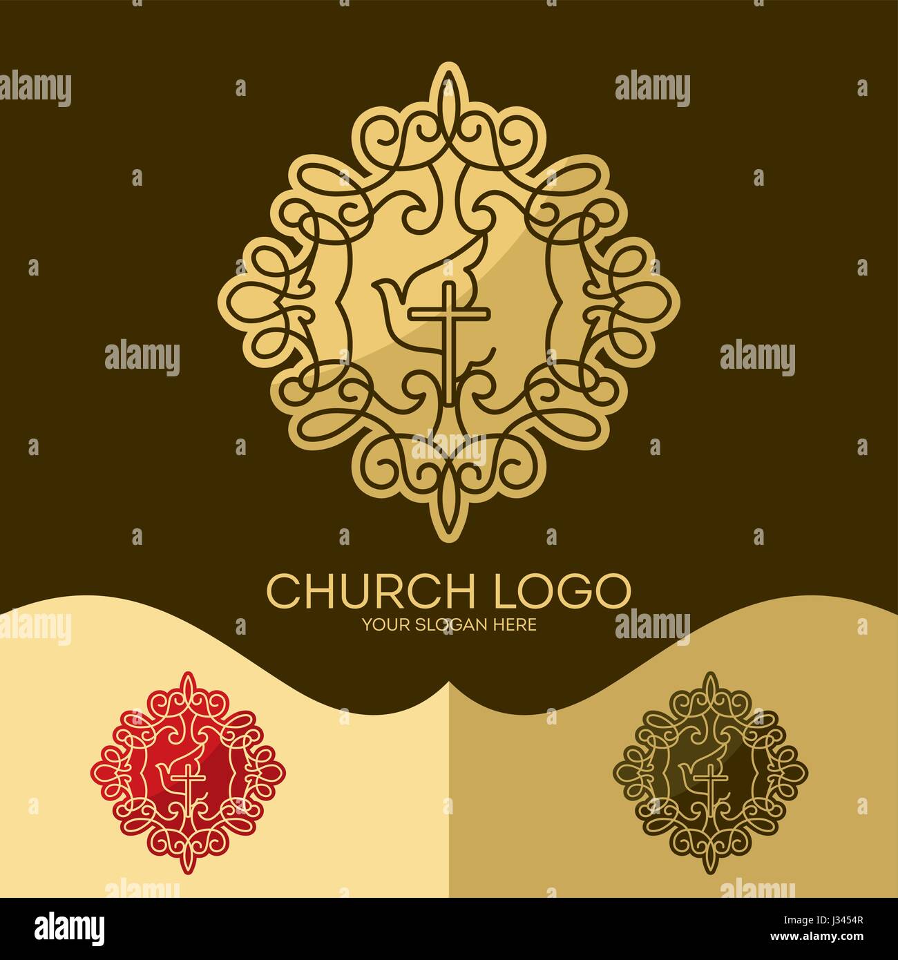 Logo der Kirche. Christliche Symbole. Das Kreuz Jesu, der Heilige Geist - Taube, eleganten Mustern. Stock Vektor