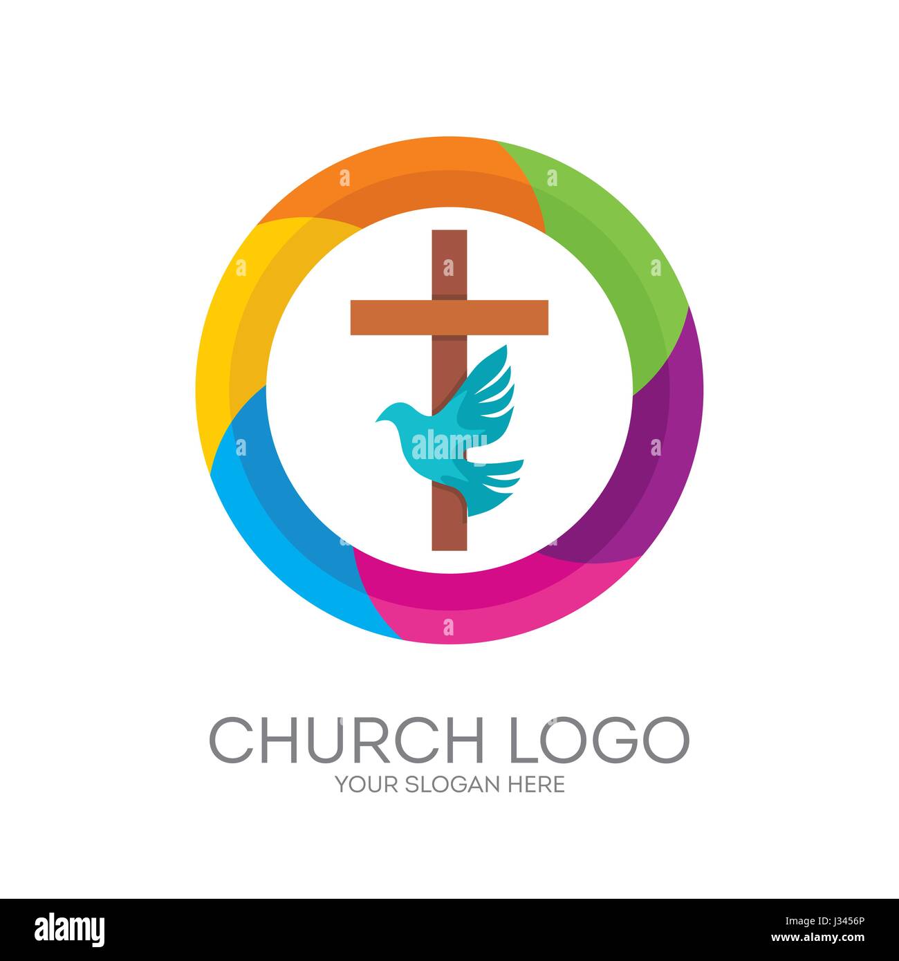 Logo der Kirche. Christliche Symbole. Das Kreuz Jesu, der Heilige Geist - Taube. Stock Vektor