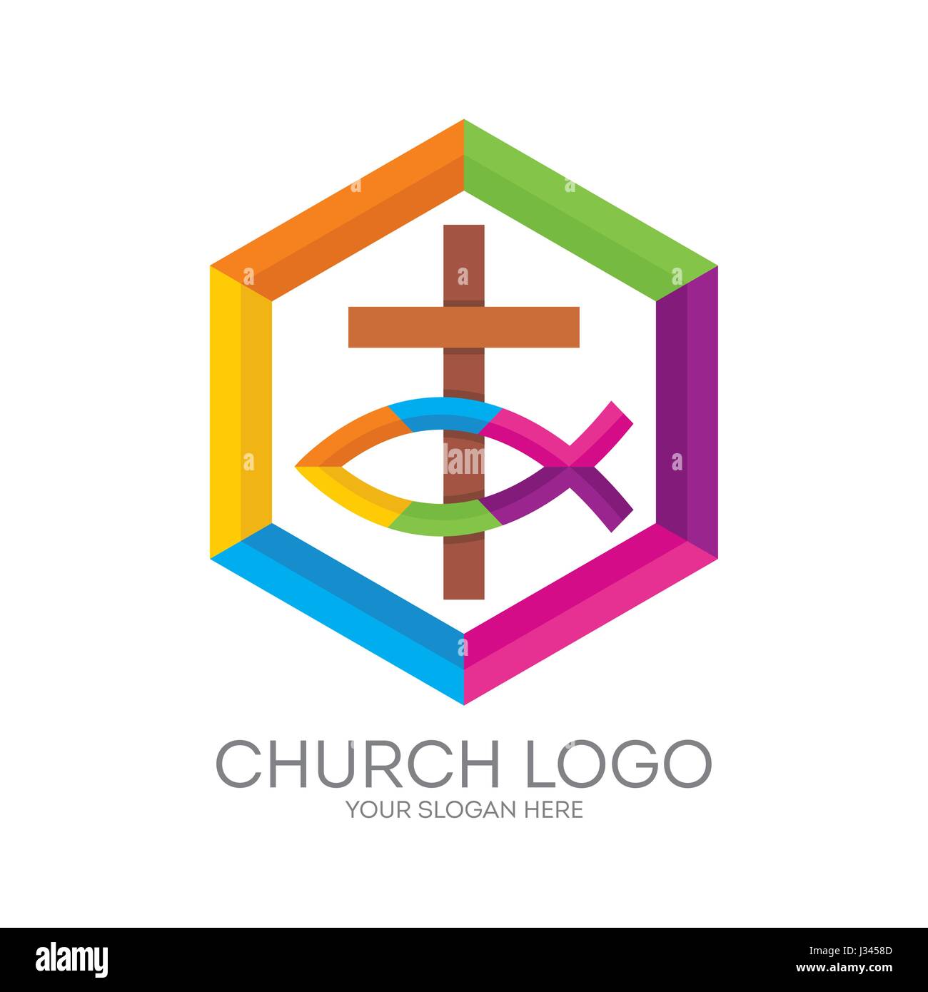 Logo der Kirche. Christliche Symbole. Das Kreuz von Jesus und den christlichen Zeichen der Fische Stock Vektor