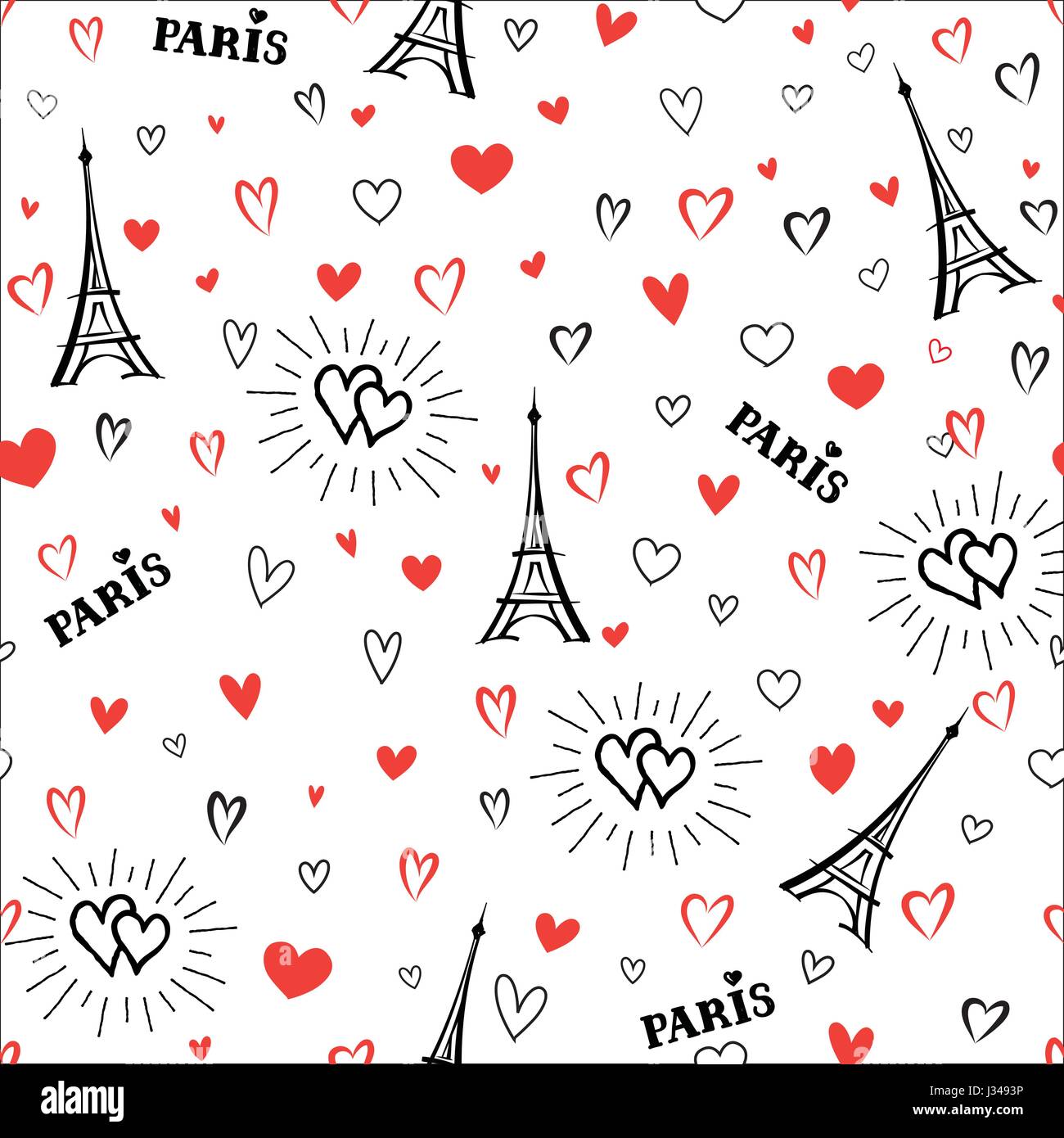 Reisen Frankreich nahtlose Muster. die Stadt paris Ferienhäuser Tapete. Französische Wahrzeichen Hintergrund. Liebe Herz nahtlose Muster Stock Vektor