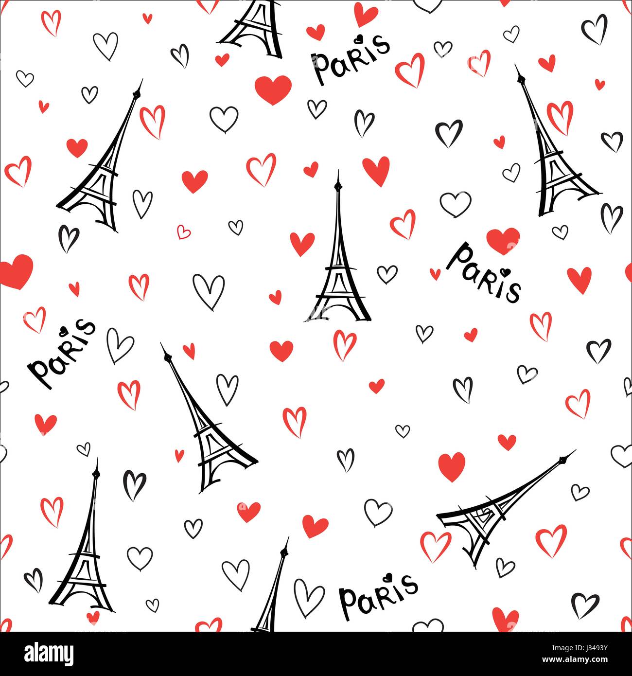 Reisen Frankreich nahtlose Muster. die Stadt paris Ferienhäuser Tapete. Eiffelturm Wahrzeichen Hintergrund mit Liebe Herzen Stock Vektor
