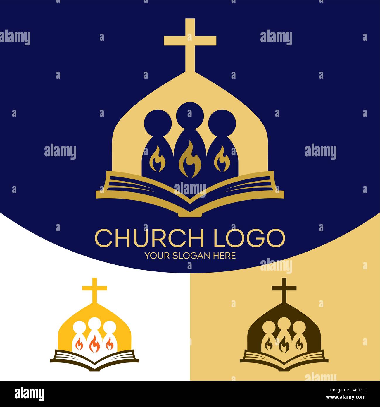Logo der Kirche. Christliche Symbole. Die Sammlung der Heiligen im Namen des Herrn Jesus Christus, den Heiligen Geist, die brennende Flamme. Stock Vektor