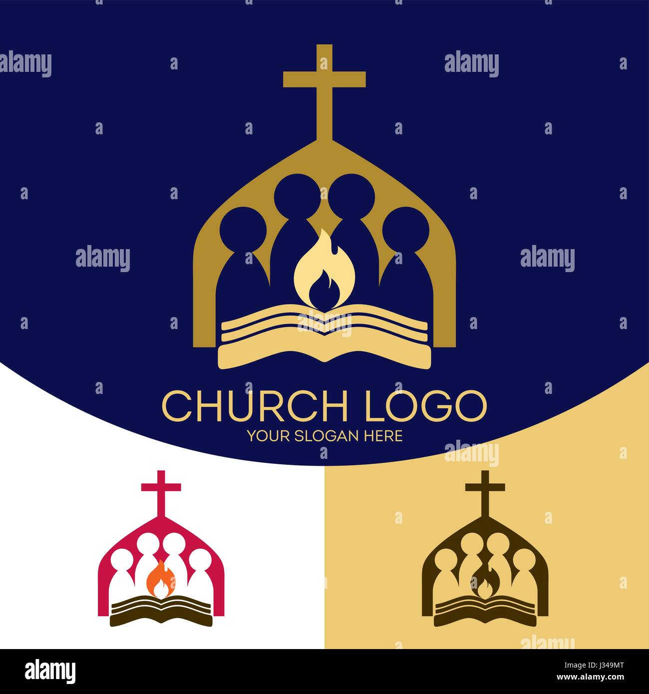 Logo der Kirche. Christliche Symbole. An den Herrn Jesus Christus und die Bibel glauben. Stock Vektor