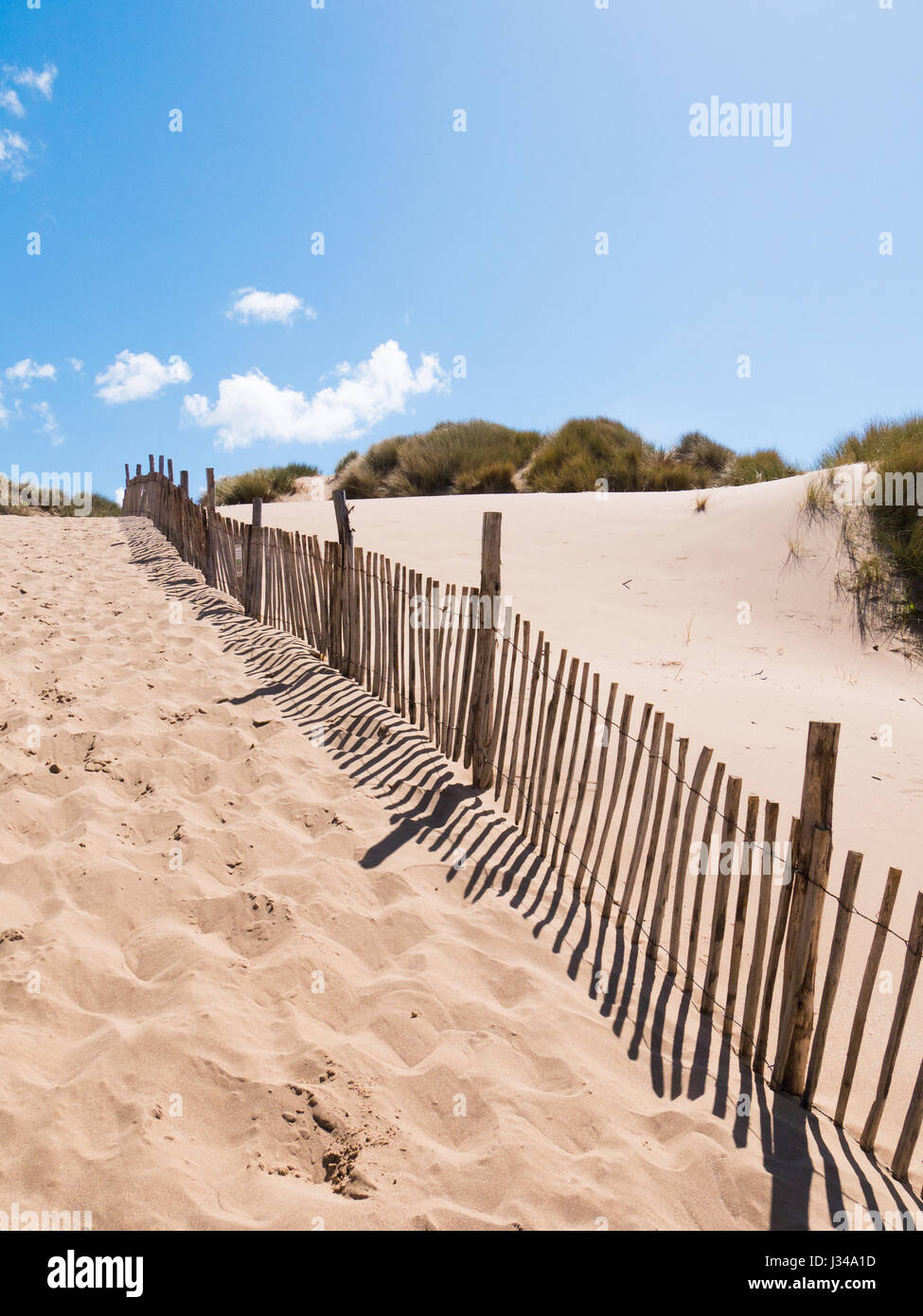 Sanddünen auf Croyde Strand an einem sonnigen Tag mit klaren blauen Himmel, Devon, England, UK Stockfoto