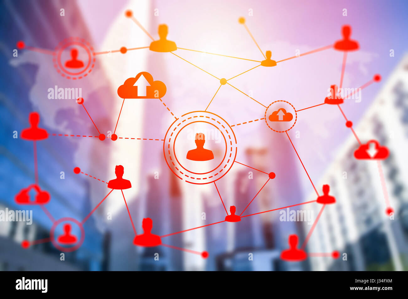 Sozialen Netzwerktechnologien auf Wolkenkratzer. Social-Media-Konzept Stockfoto