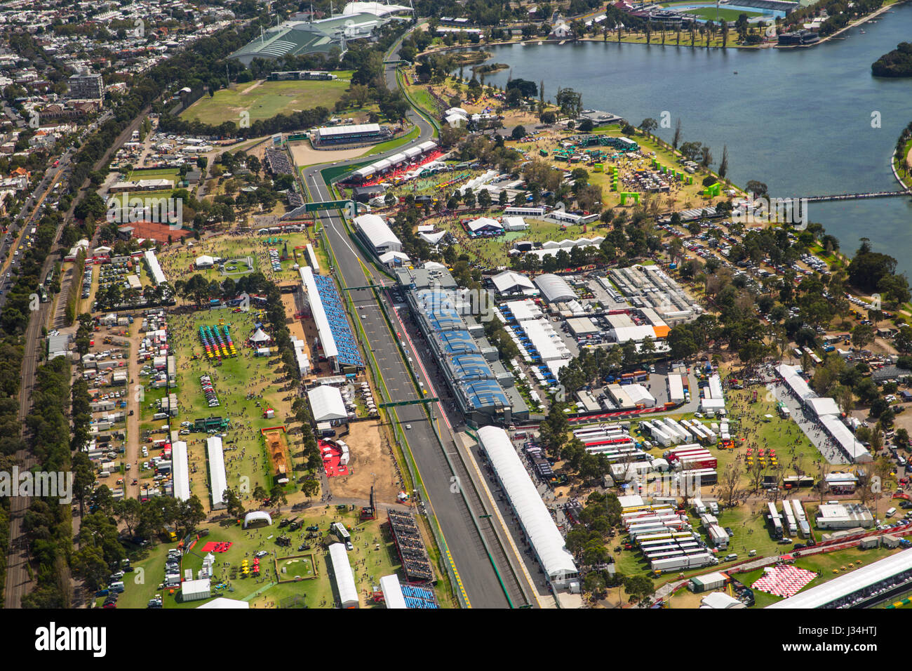 Luftbild von der Albert Park Rennen verfolgen bei der 2017 Australian Formula One Grand Prix Stockfoto
