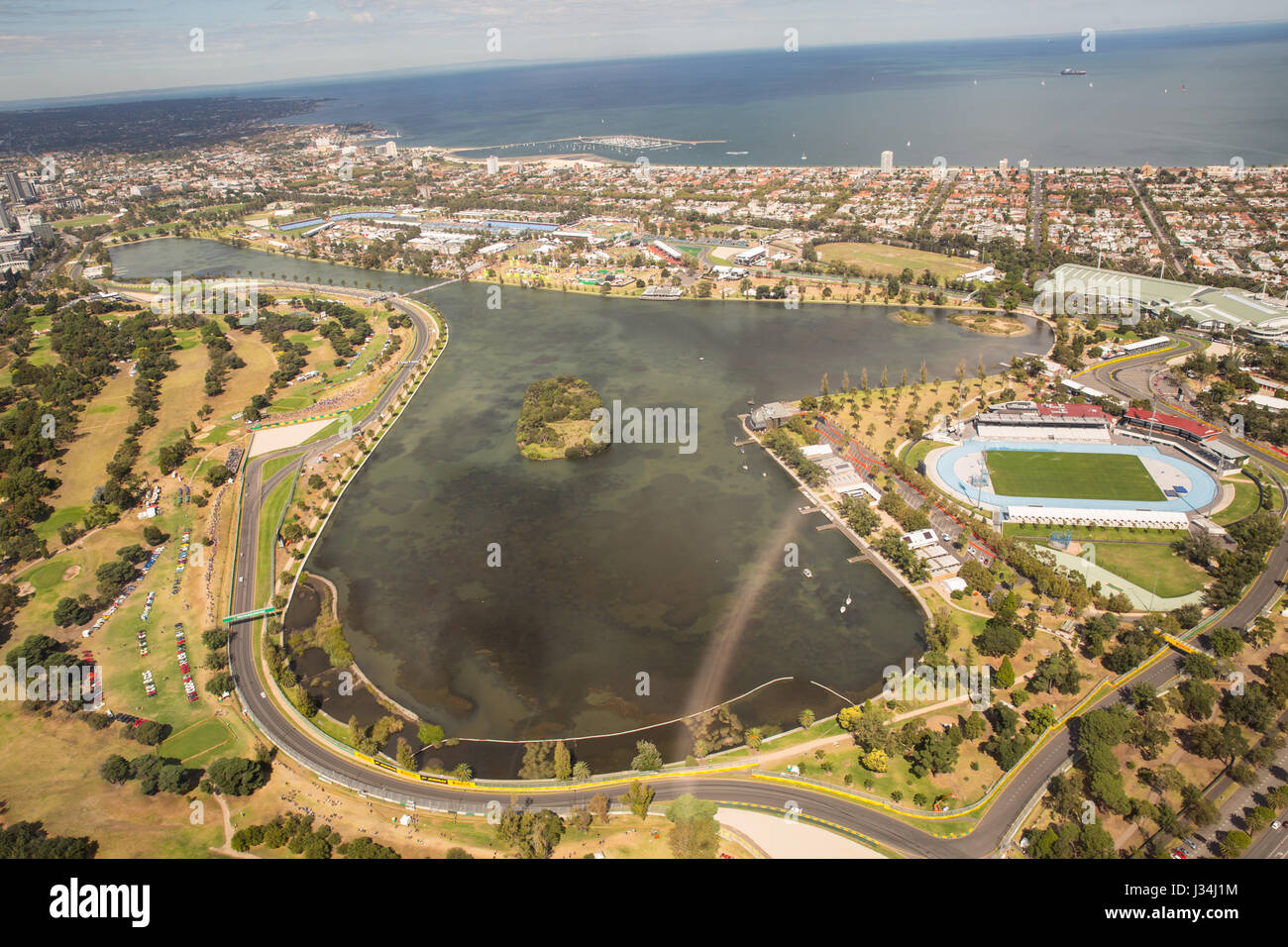 Luftbild von der Albert Park Rennen verfolgen bei der 2017 Australian Formula One Grand Prix Stockfoto