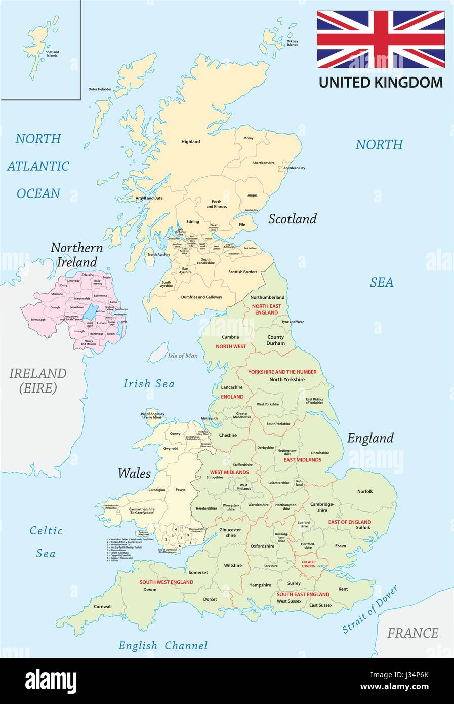 Vereinigtes Königreich administrative und politische Karte mit Flagge Stock Vektor