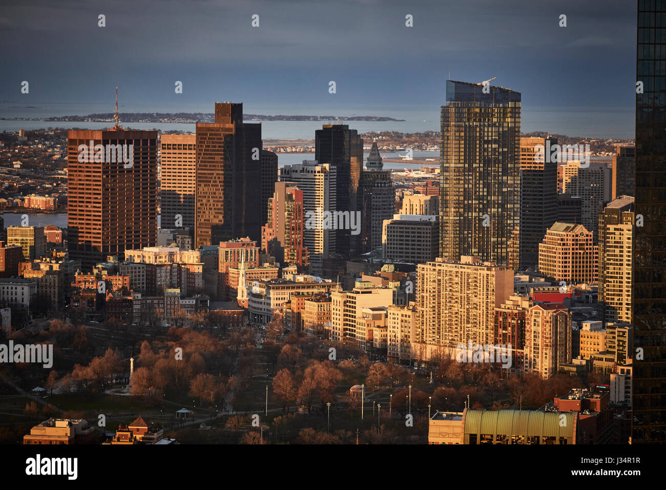 Sonnenuntergang Skyline von Boston um gemeinsame, Boston, Massachusetts, Vereinigte Staaten, USA, Stockfoto