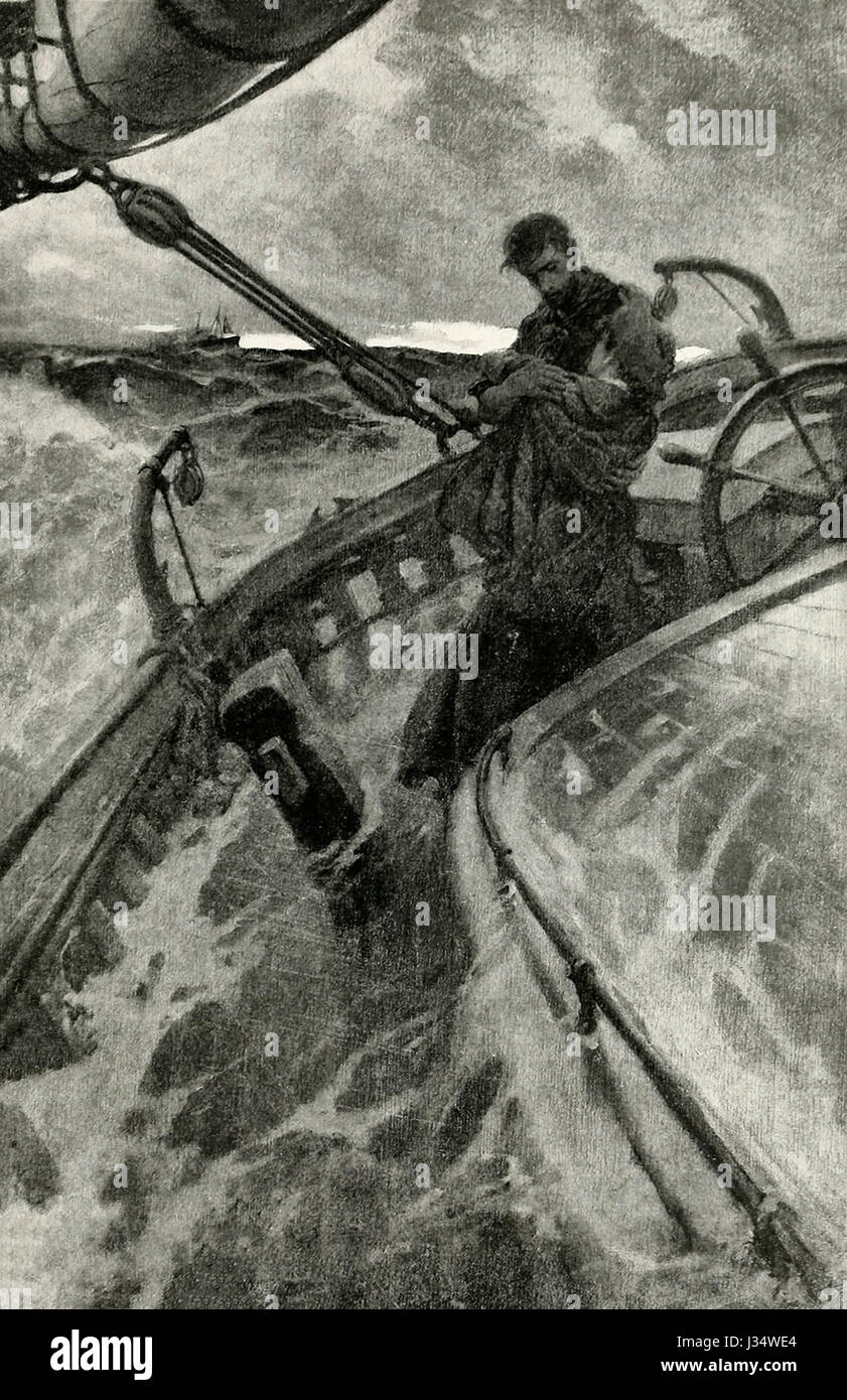 Mann und Frau festhalten an einander im Segelboot auf rauer See Stockfoto