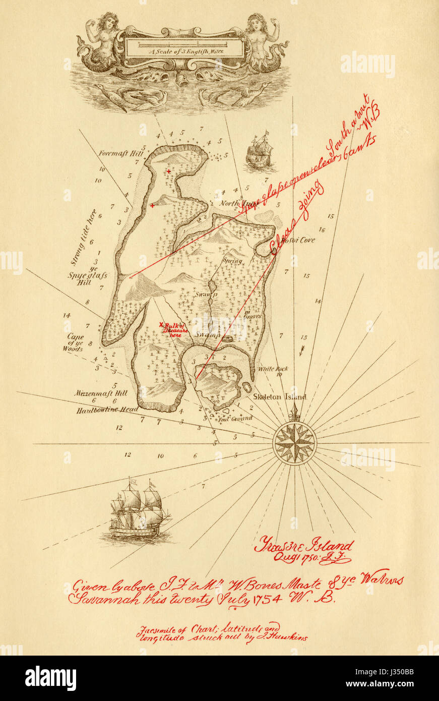 Antike 1897 Gravur, Map of Treasure Island, aus Stevensons Schatzinsel