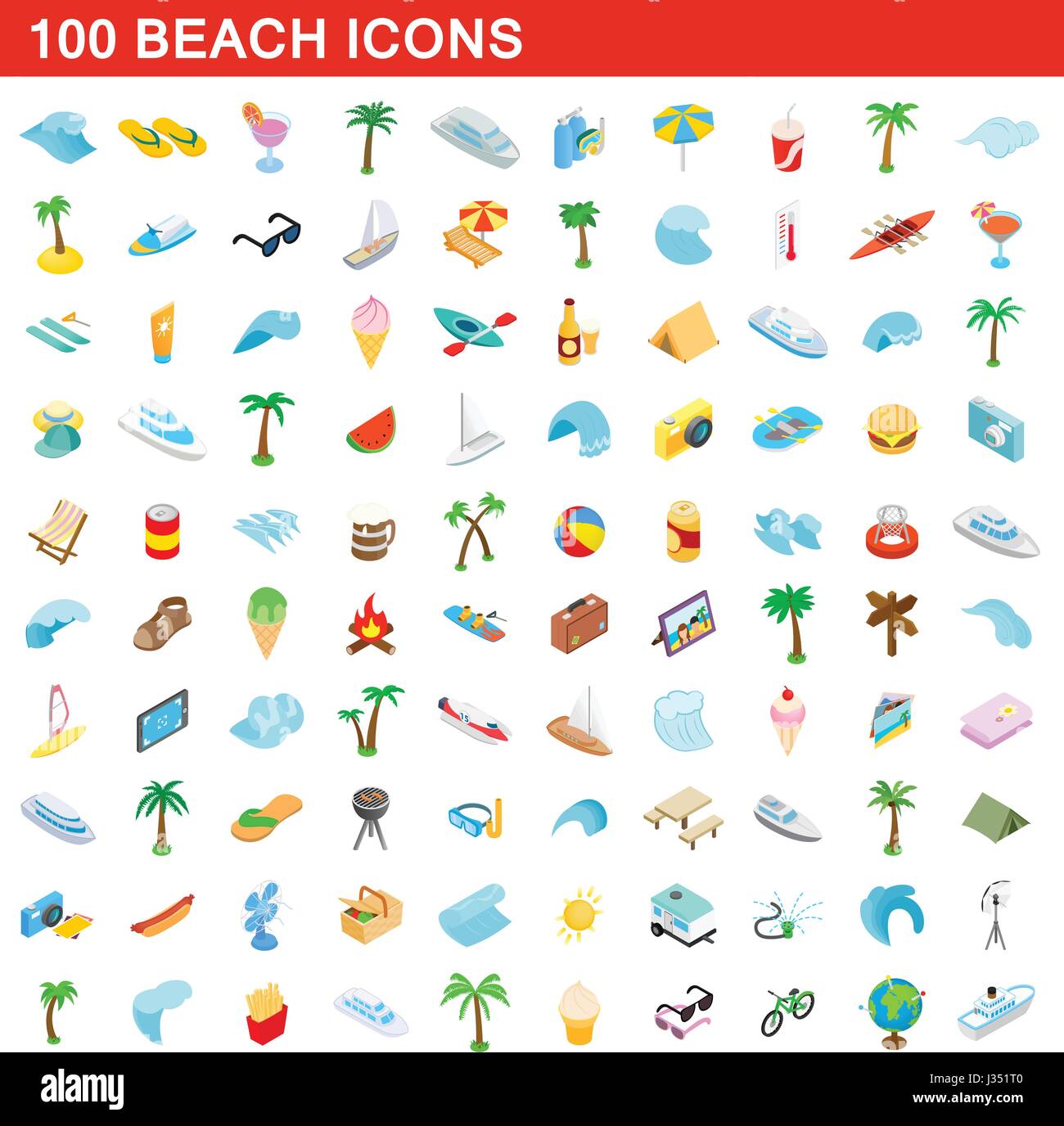 100 Strand Icons Set, isometrischen 3d Stil Stock Vektor