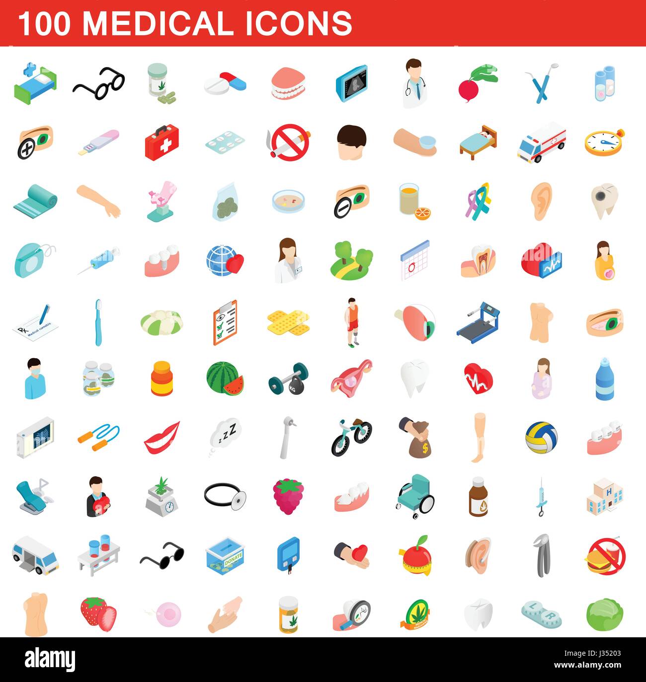 100 medizinische Icons Set, isometrischen 3d Stil Stock Vektor