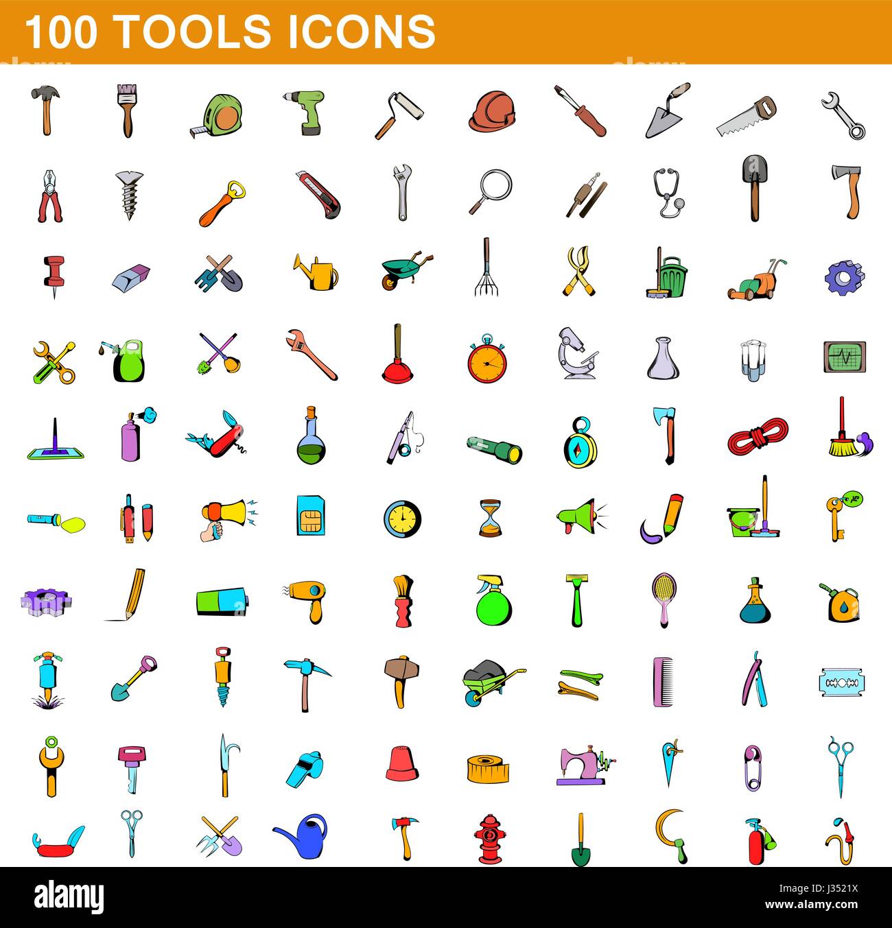 100 Tools Icons set, cartoon-Stil Stock Vektor