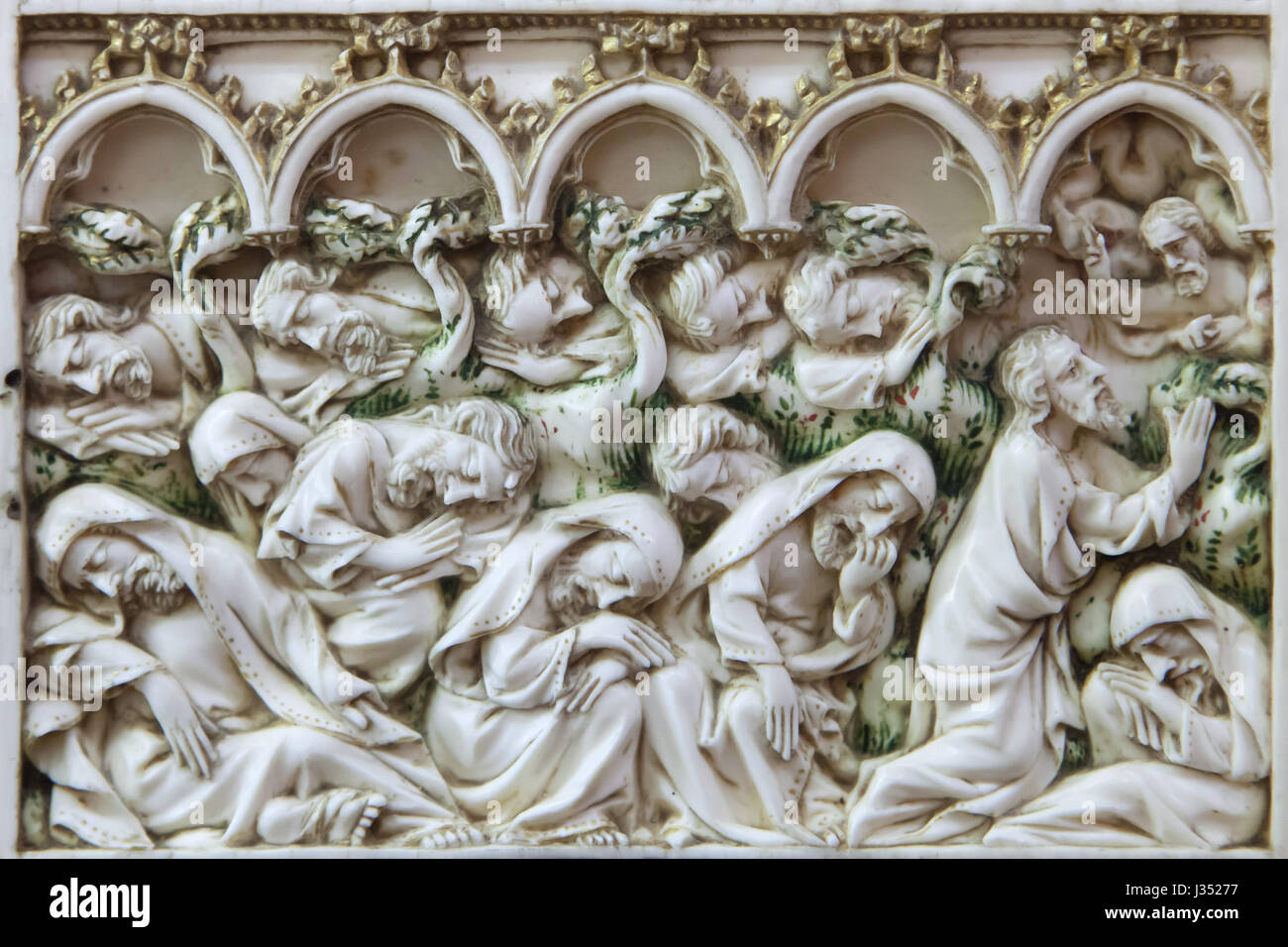 Todesangst im Garten. Detail der Elfenbein Altarbild der Szenen aus der Passion Christi datiert aus Ca. 1375-1400 auf Anzeige im Musée des Beaux-Arts de Dijon (Museum der schönen Künste) in Dijon, Burgund, Frankreich. Stockfoto