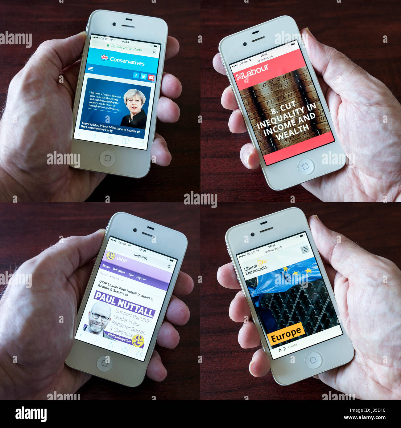 Zusammengesetztes Bild Smartphones zeigen die Konservativen, Labour, UKIP und der Liberal Democrats Websites für 2017 General #GE2017 Wahlkampf Stockfoto